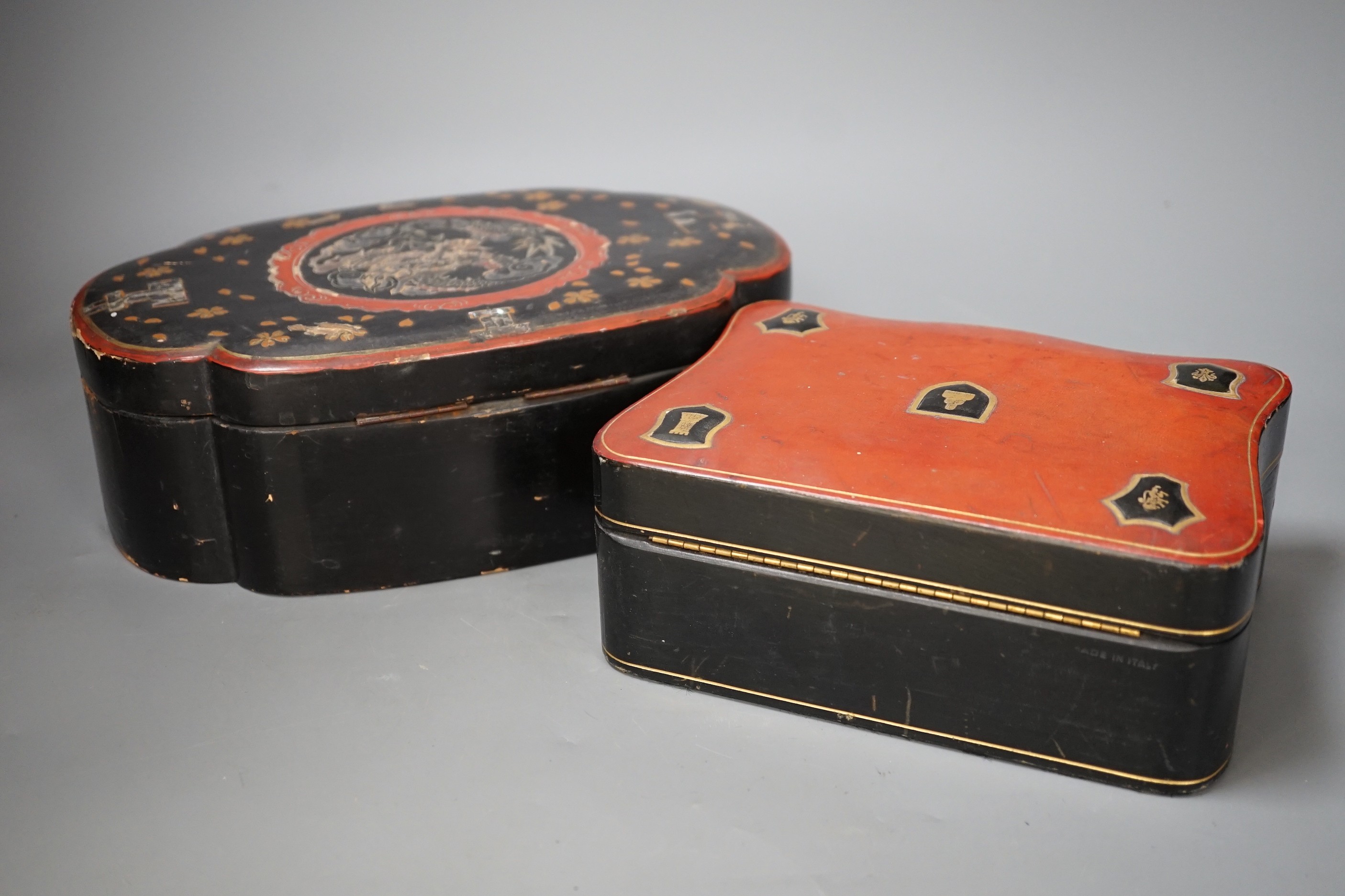 A French leather mounted serpentine glove box and a Japanese lacquer box. Largest 26.5cm wide